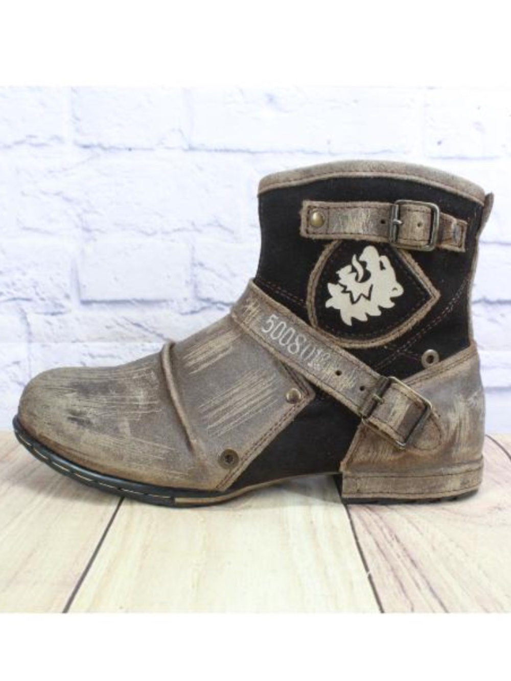 OSSTONE Mens Distressed Brown Leather Side Zip-up Chukka Moto Boots Size 11
